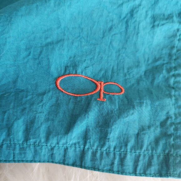 Vtg 80-90s OP Ocean Pacific Swim Trunks Shorts M Surf Spellout‎ Turquoise Flaw - Picture 10 of 12